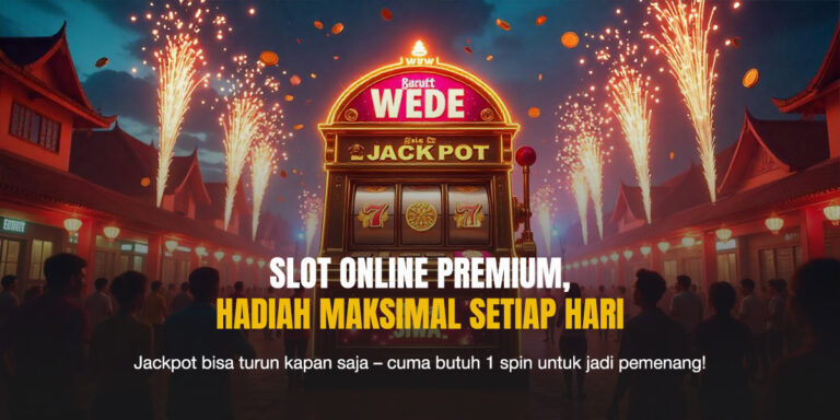 Mesin slot klasik 777 Deluxe berdiri megah di tengah keramaian, dihiasi kembang api dan simbol kemenangan, menggambarkan sensasi jackpot instan.